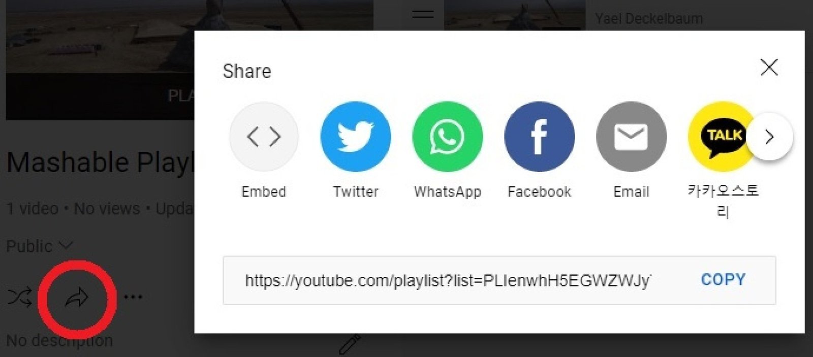 Icons representing where you can share YouTube playlists on social media